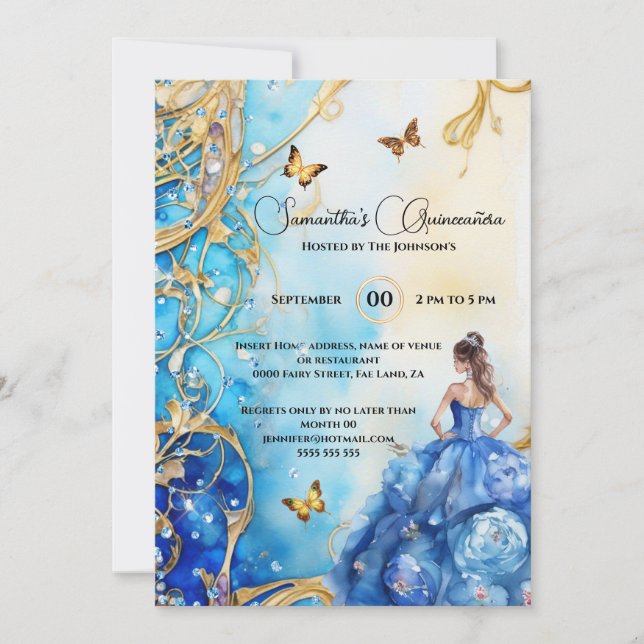 Blue Quinceañera glitter ballgown butterfly blommi Inbjudningar (Framsida)
