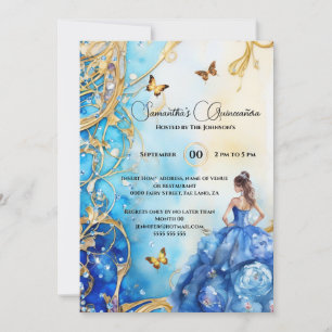 Blue Quinceañera glitter ballgown butterfly blommi Inbjudningar