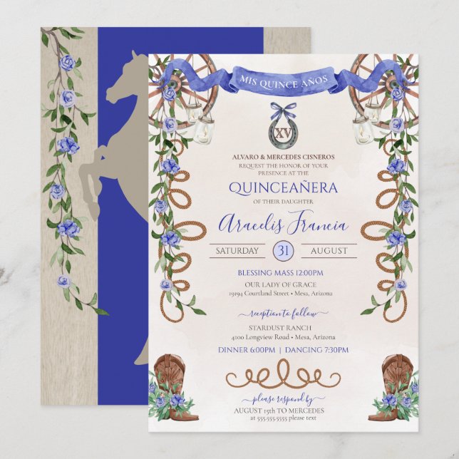 Blue Quinceanera Rustic Western Charro Inbjudningar (Fram/baksida)