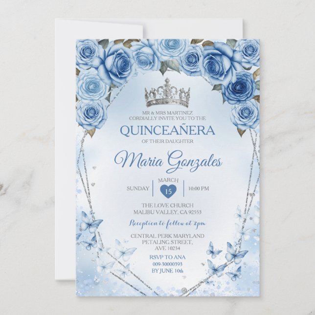 Blue Quinceañera Silver Krona Butterfly 15 Anos Inbjudningar (Framsida)
