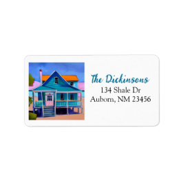 Blue Quirky Beach House Adressetikett