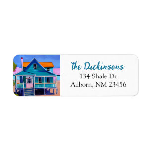Blue Quirky Beach House Returadress Etikett