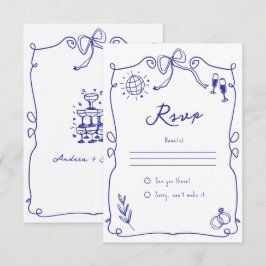 Blue Quirky Whimsical Quirky Hand plockade Bröllop OSA Kort