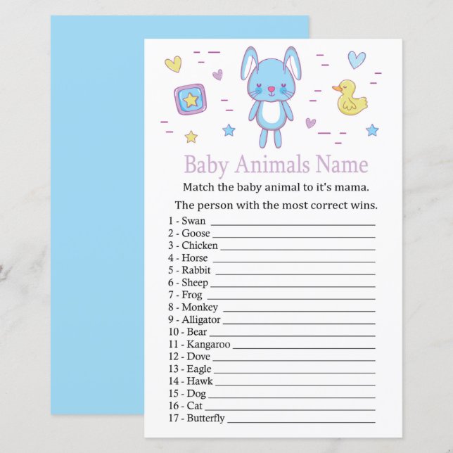 Blue Rabbit Baby djur Namn Game (Fram/baksida)