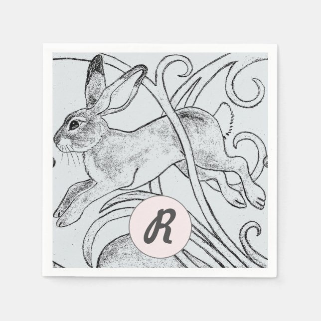 Blue Rabbit Bunny Hare Påsk Monogram Art Deco Pappersservett (Framsidan)