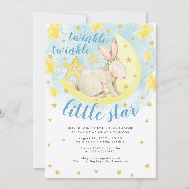 Blue Rabbit Guld Twinkle Little Star Baby Shower Inbjudningar (Framsida)
