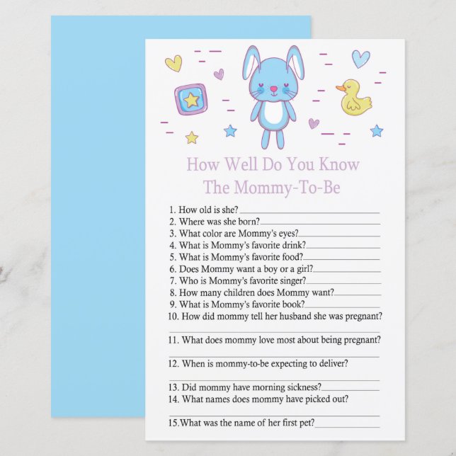 Blue Rabbit Hur bra vet du om babyduschspel? (Fram/baksida)
