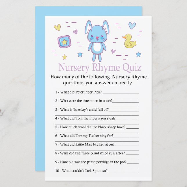 Blue Rabbit Nursery Rhyme Quiz babyduschspel (Fram/baksida)
