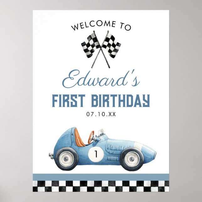 Blue Race Car 1st Birthday Welcome Sign Poster (Framsidan)