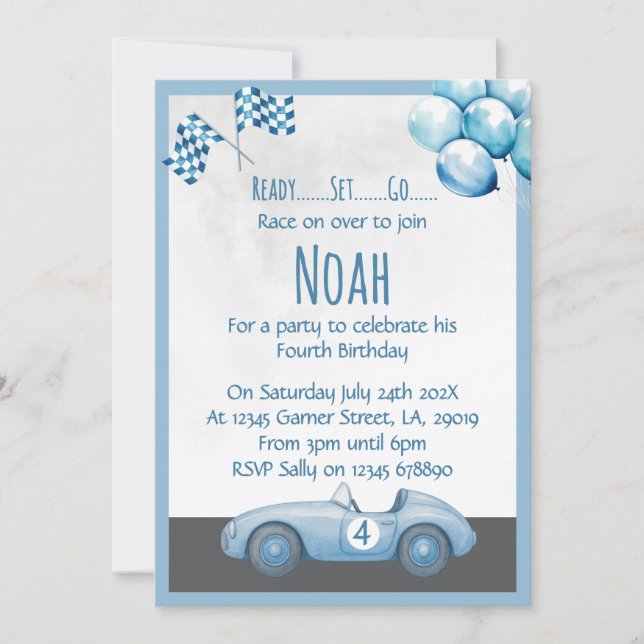 Blue Race Car 4th Birthday Party Invitation Inbjudningar (Framsida)