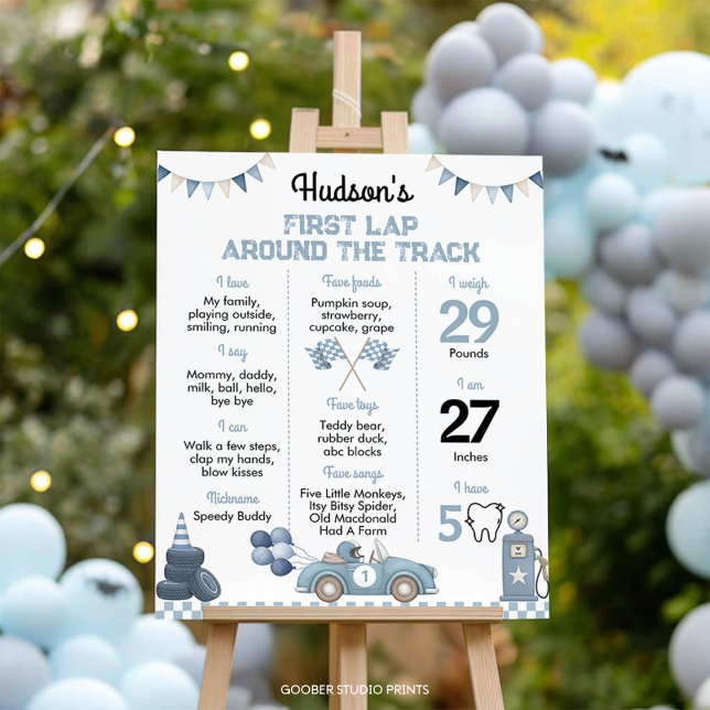 Blue Race Car Birthday Party Milestone Sign Poster (Skapare uppladdad)