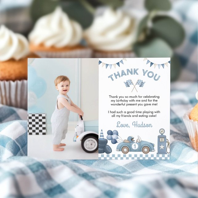 Blue Race Car Boy Birthday Party Photo Tack Kort (Skapare uppladdad)