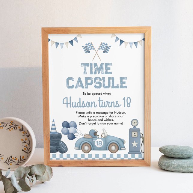 Blue Race Car Boy Birthday Time Capsule Sign Poster (Skapare uppladdad)
