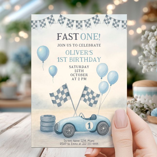Blue Race Car First Birthday Inbjudningar (Skapare uppladdad)
