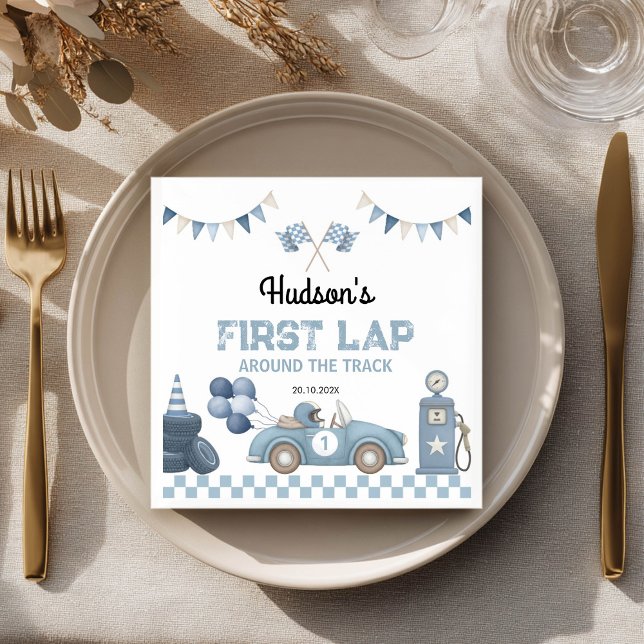 Blue Race Car First Lap Around the Track Birthday Pappersservett (Skapare uppladdad)