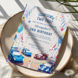 Blue Race Car Two Fast Birthday Inbjudningar
