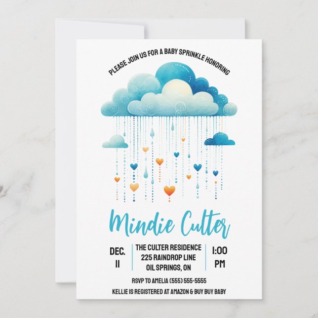 Blue Rain Cloud med hjärtdroppar Baby Sprinkle Inbjudningar (Framsida)