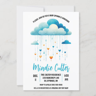 Blue Rain Cloud med hjärtdroppar Baby Sprinkle Inbjudningar