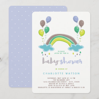 Blue Rainbow & Balloons Whimsical Boy Baby Shower Inbjudningar