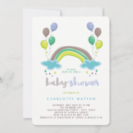 Blue Rainbow & Balloons Whimsical Boy Baby Shower Inbjudningar