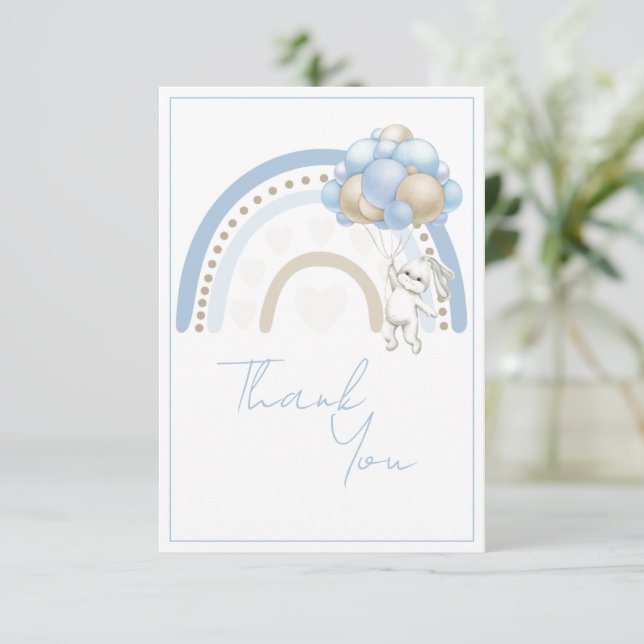 Blue Rainbow Bunny Rabbit Baby Shower Tack Kort (Stående Fram)