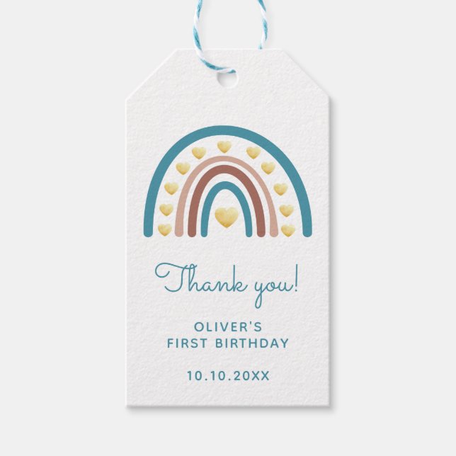 Blue Rainbow First Birthday Tack Presentetikett (Framsidan)