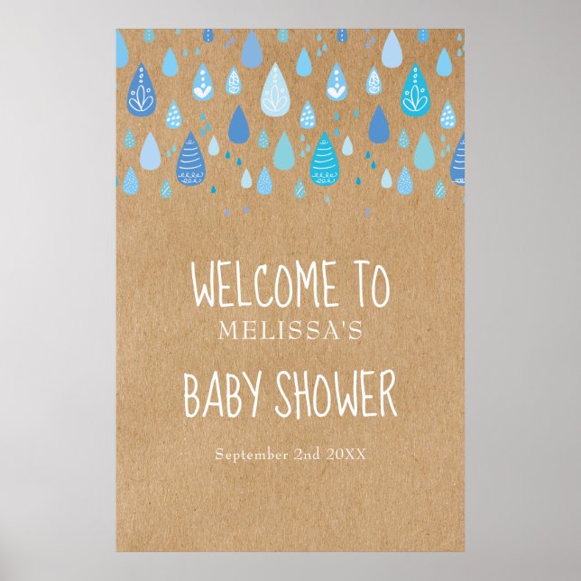 Blue Raindroppe Boho Baby Shower / Sprinkle Welcom Poster (Framsidan)