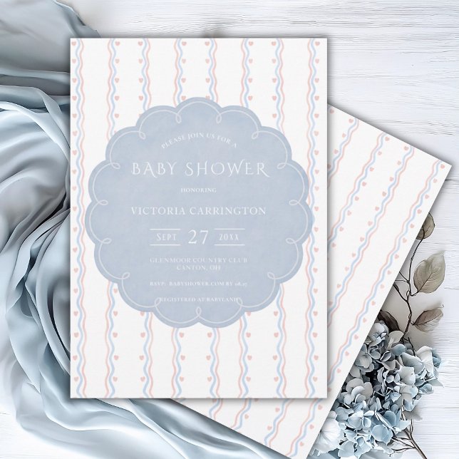Blue Ram Rosa Hearts Vintage Baby Shower Inbjudningar (Skapare uppladdad)