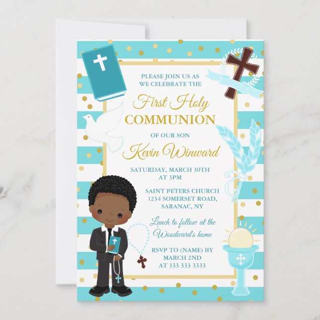 Blue Rand African American Boy First Communion Inbjudningar (Framsida)