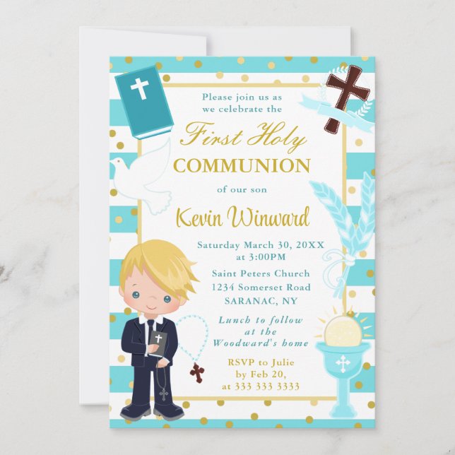 Blue Rand Blonde Hearing Boy First Heliga Communio Inbjudningar (Framsida)