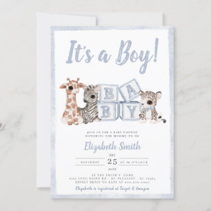 Blue Rand Boy Safari Animals Baby Shower Inbjudningar