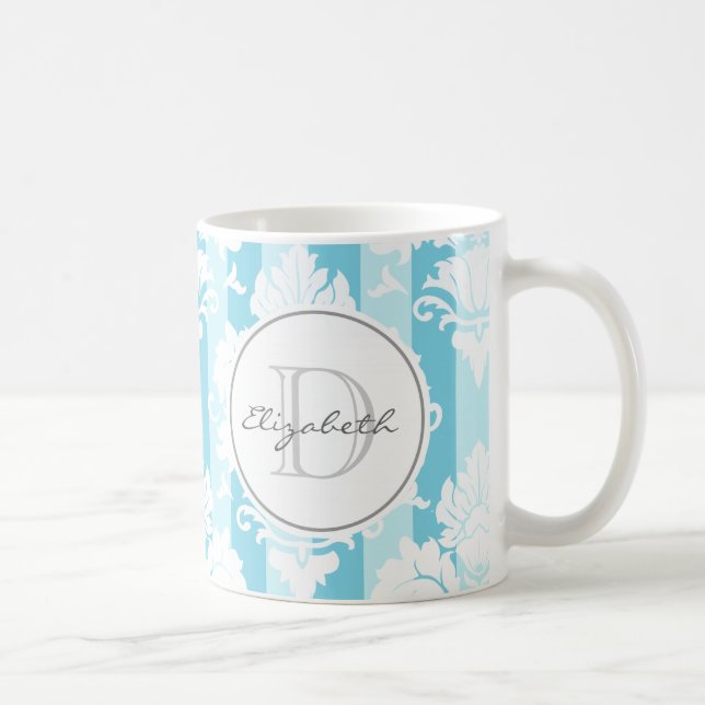 Blue Rand Damask Monogrammed Mugg (Höger)