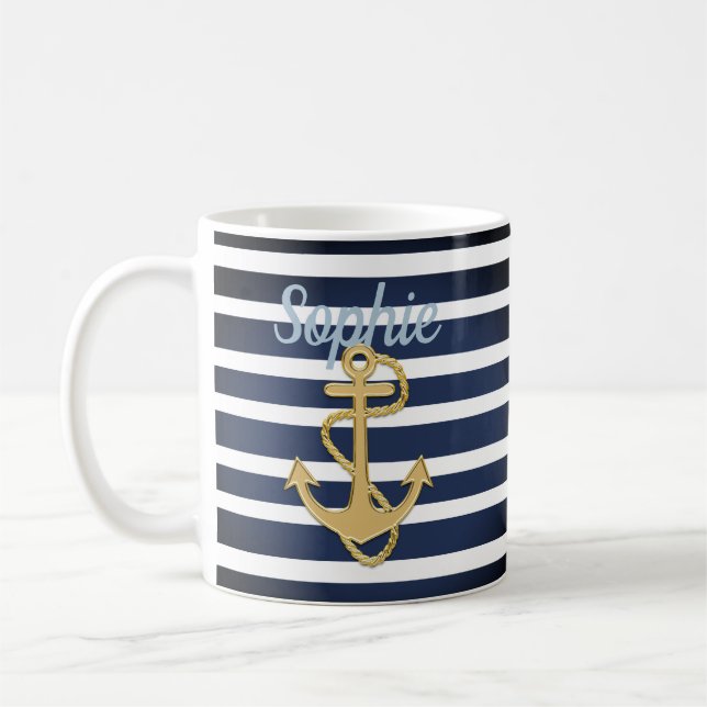 Blue Rand & Guld Anchor Nautical Kaffemugg (Vänster)