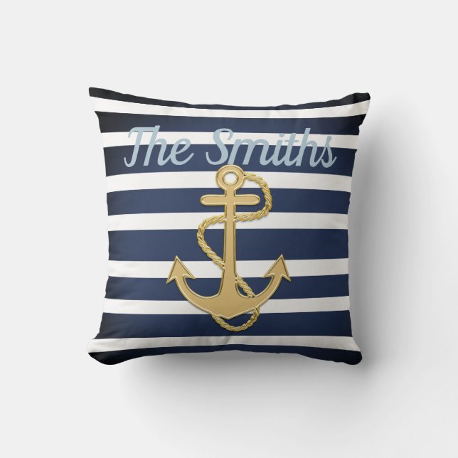 Blue Rand & Guld Anchor Nautical Kudde (Framsida)