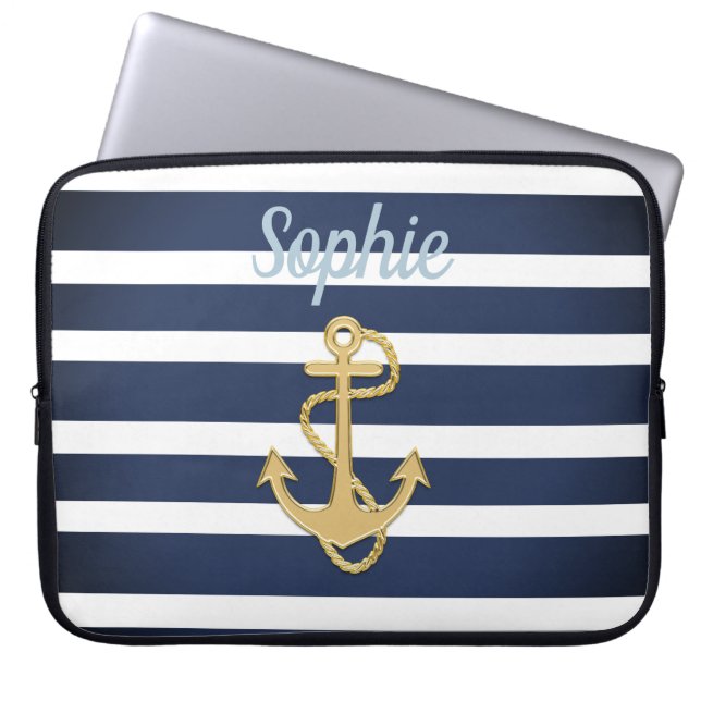 Blue Rand & Guld Anchor Nautical Laptop Fodral (Framsidan)