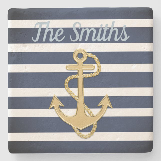 Blue Rand & Guld Anchor Nautical Stenunderlägg (Framsidan)