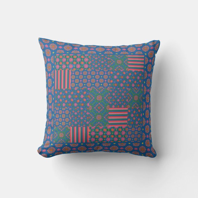 Blue Rangoli Mönster Faux Patchwork Dekorativ kudd Kudde (Framsida)