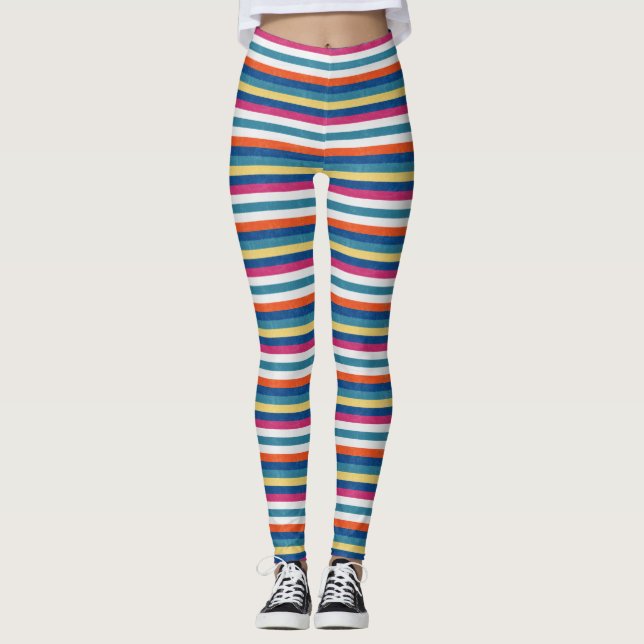 Blue Raspberry Orange Gult White Rand Mönster Leggings (Framsida)