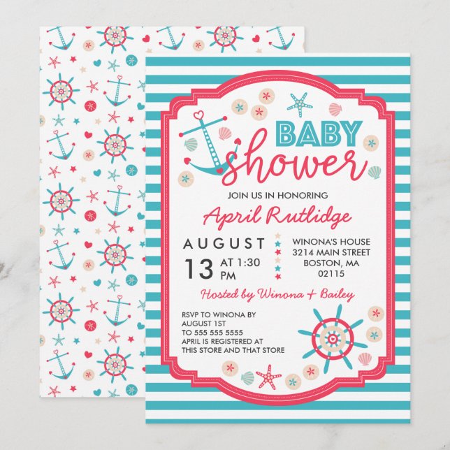 Blue & Raspberry Red Nautical Baby Shower Inbjudningar (Fram/baksida)