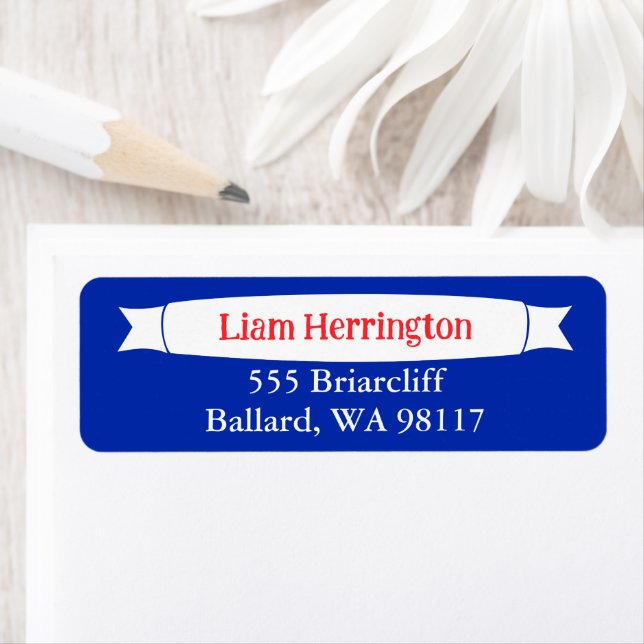 Blue & Red Address Label with Banner Returadress Etikett (Insitu)