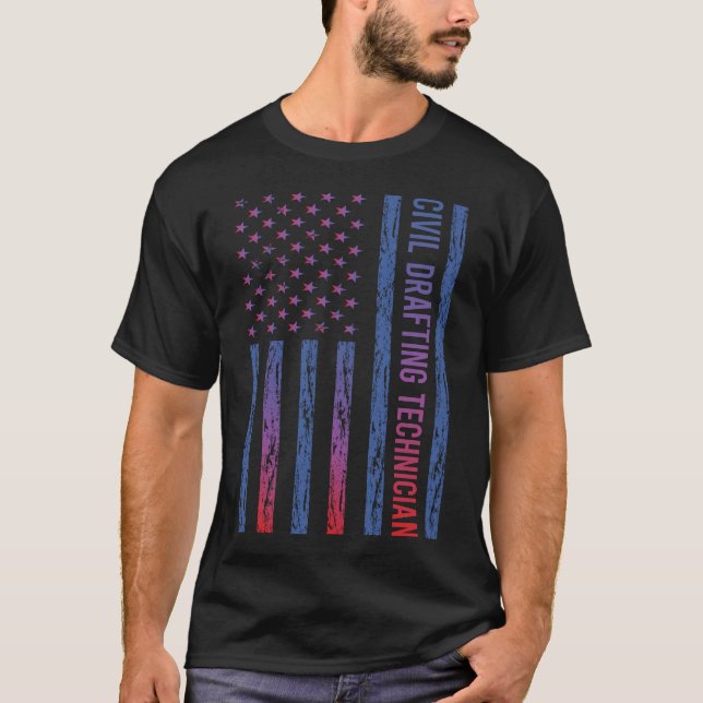 Blue Red American Flagga Civil Draiting Technician T Shirt (Framsida)