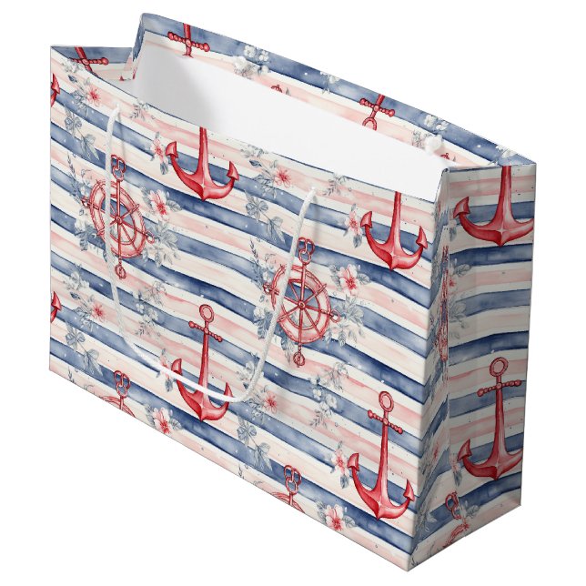 Blue Red Anchors Floral Stripes Beach Birthday (Framsidan Vinklad)