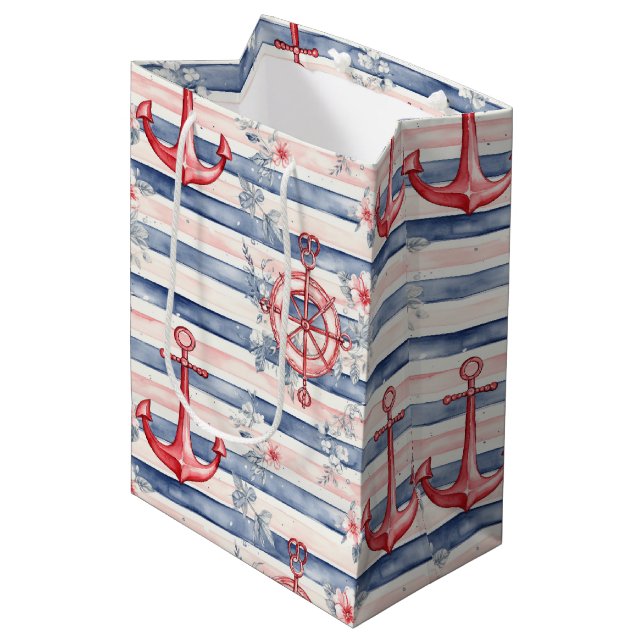 Blue Red Anchors Floral Stripes Beach Birthday (Framsidan Vinklad)
