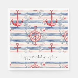 Blue Red Anchors Floral Stripes Beach Birthday Pappersservett