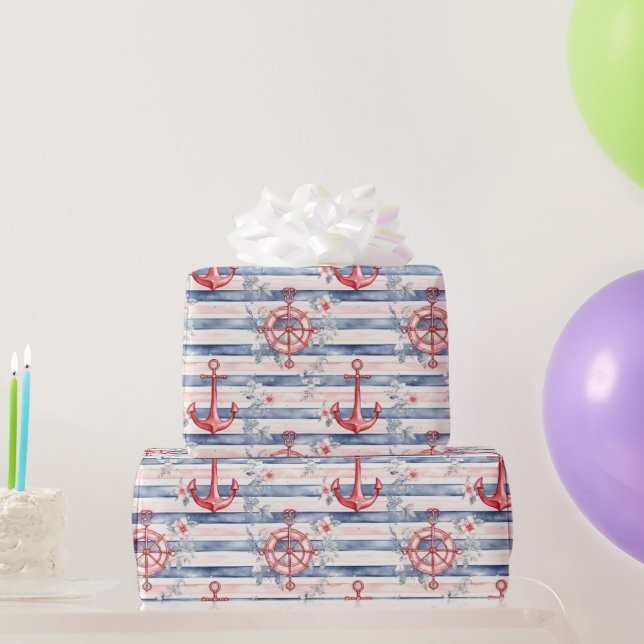 Blue Red Anchors Floral Stripes Beach Birthday Presentpapper (Festgåvor)