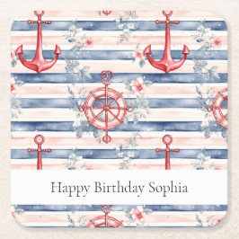Blue Red Anchors Floral Stripes Beach Birthday Underlägg Papper Kvadrat
