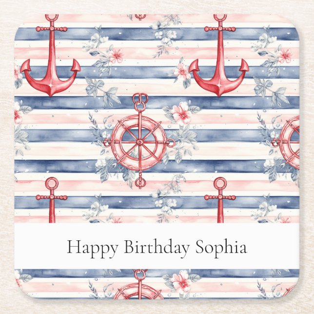 Blue Red Anchors Floral Stripes Beach Birthday Underlägg Papper Kvadrat (Framsidan)