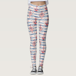 Blue Red Anchors Floral Stripes Beach  Leggings