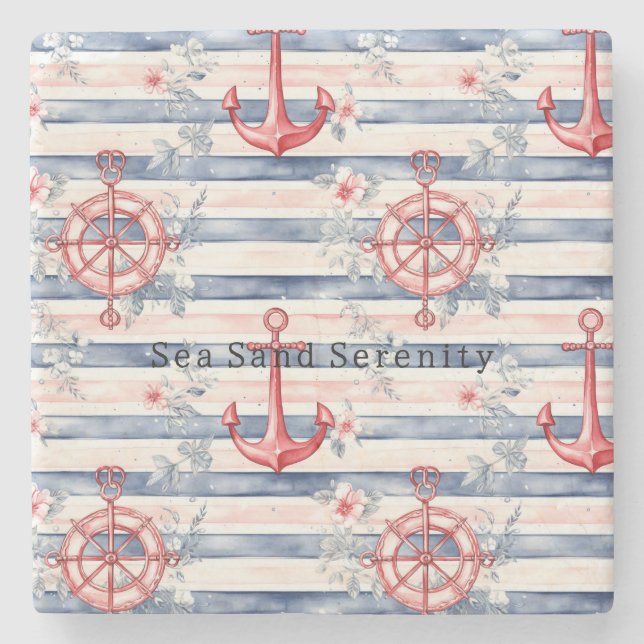 Blue Red Anchors Floral Stripes Beach Ocean Stenunderlägg (Framsidan)