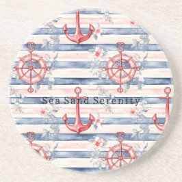 Blue Red Anchors Floral Stripes Beach Ocean Underlägg